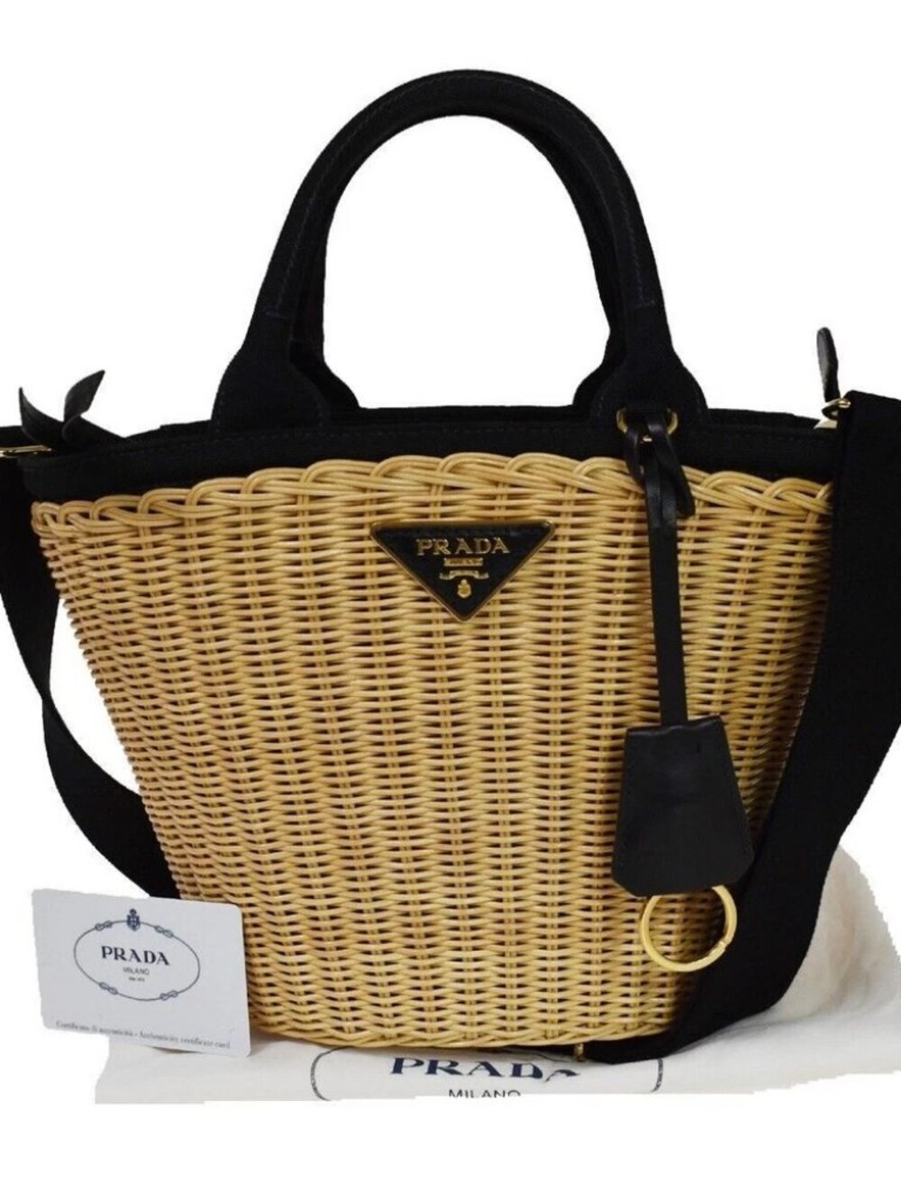 PRADA Logo Midollino Wicker 2Way Shoulder Hand Bag Canvas Leather Black